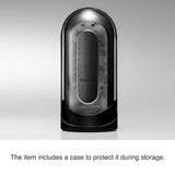 TENGA Flip Zero Electronic Vibration Stroker Black with protective case for storage.