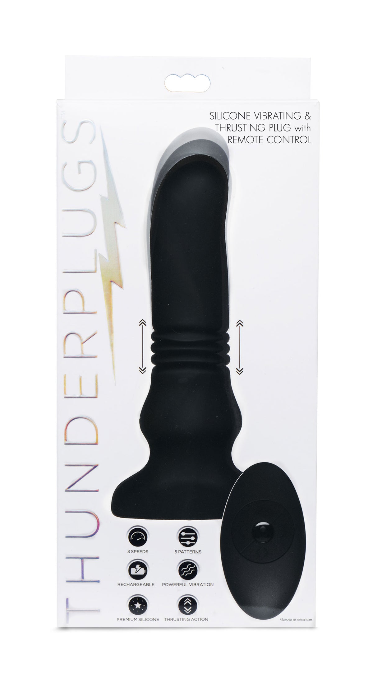 Silicone Vibrating and Thrusting Plug with Remote Control in packaging showcasing features and design.