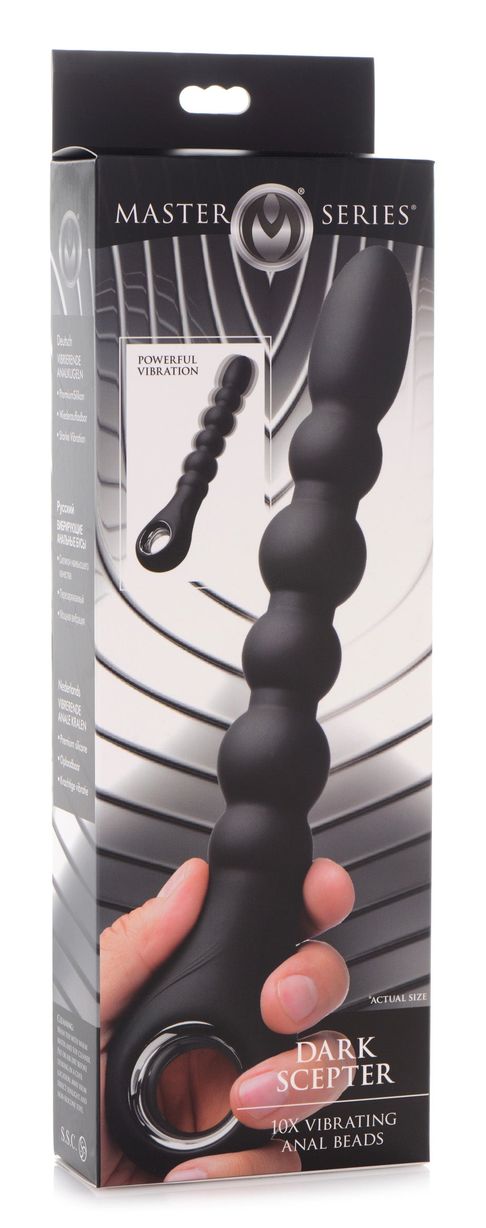 Master Series Dark Scepter 10X Vibrating Silicone Anal Beads packaging showcasing the ergonomic design and graduated beads.