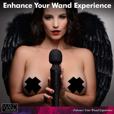 Woman with wings holding Diamond Head 24X Rechargeable Silicone Wand Massager, enhancing wand experience.