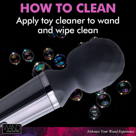 Diamond Head 24X Rechargeable Silicone Wand Massager cleaning instructions with bubbles in background.