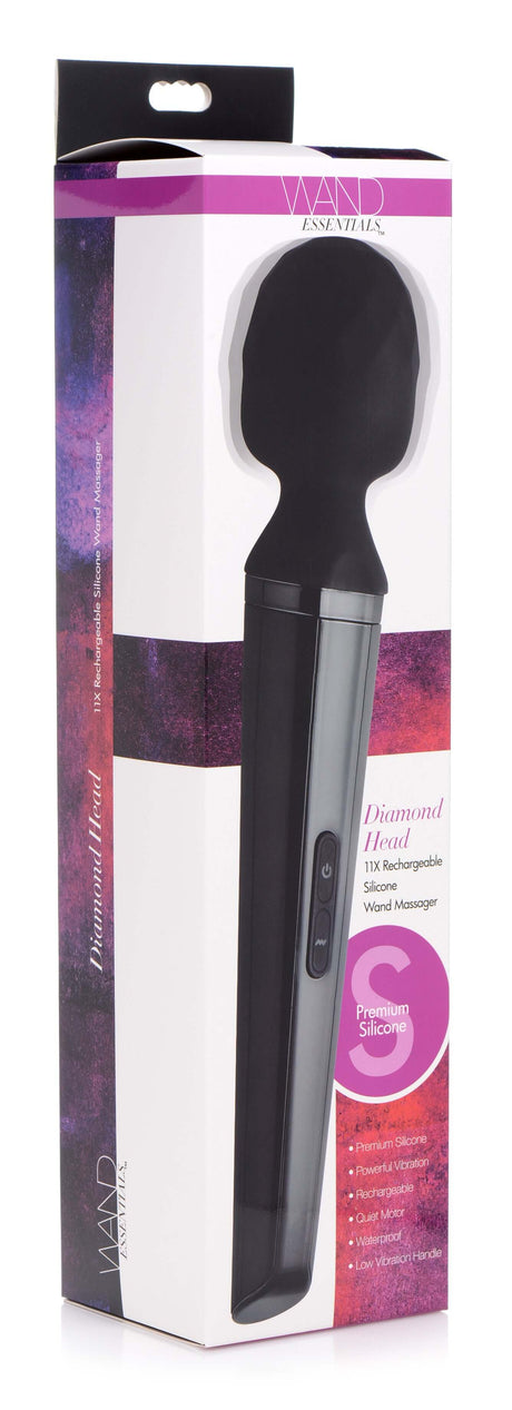 Diamond Head 24X Rechargeable Silicone Wand Massager in sleek black packaging with ergonomic design.