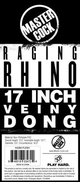 Master Cock Raging Rhino 17 Inch Veiny Dildo Flesh product packaging featuring dimensions and materials.