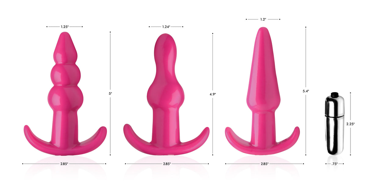 Thrill Trio Anal Plug Set Pink featuring three different plugs and a bullet vibe, ideal for exploration and pleasure.