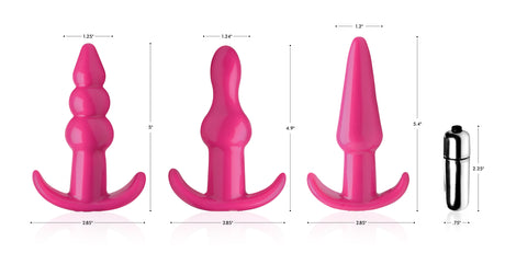 Thrill Trio Anal Plug Set Pink featuring three different plugs and a bullet vibe, ideal for exploration and pleasure.
