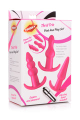 Thrill Trio Anal Plug Set Pink packaging showcasing three unique anal plugs and a vibrating bullet.