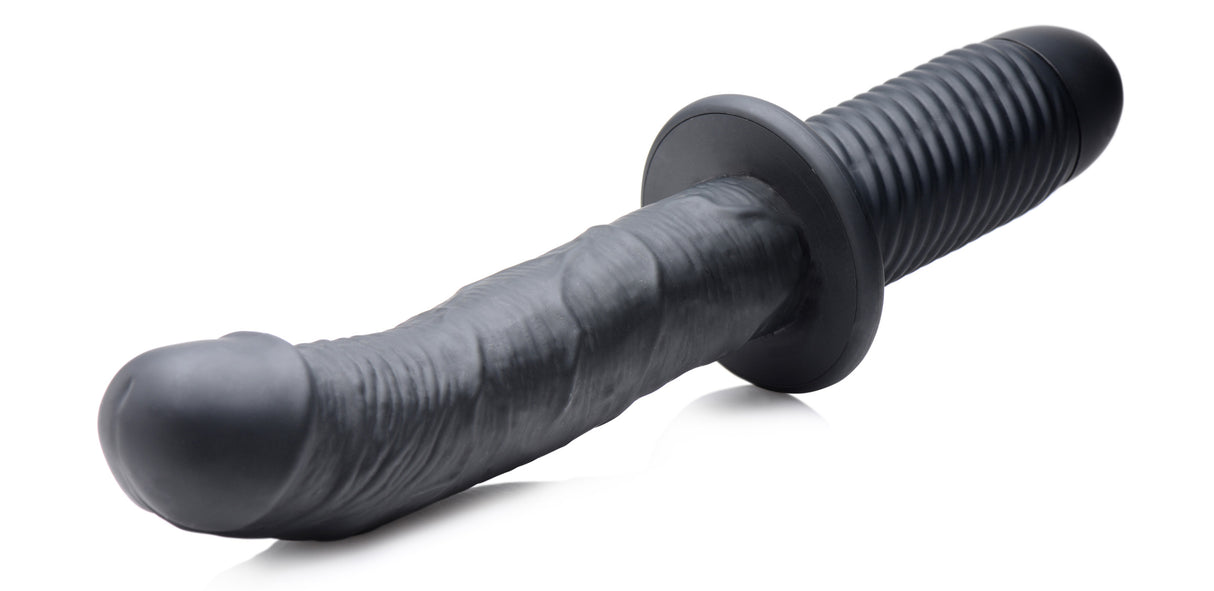 The Large Realistic 10X Silicone Vibrator with Handle featuring a lifelike design and ribbed handle for grip.