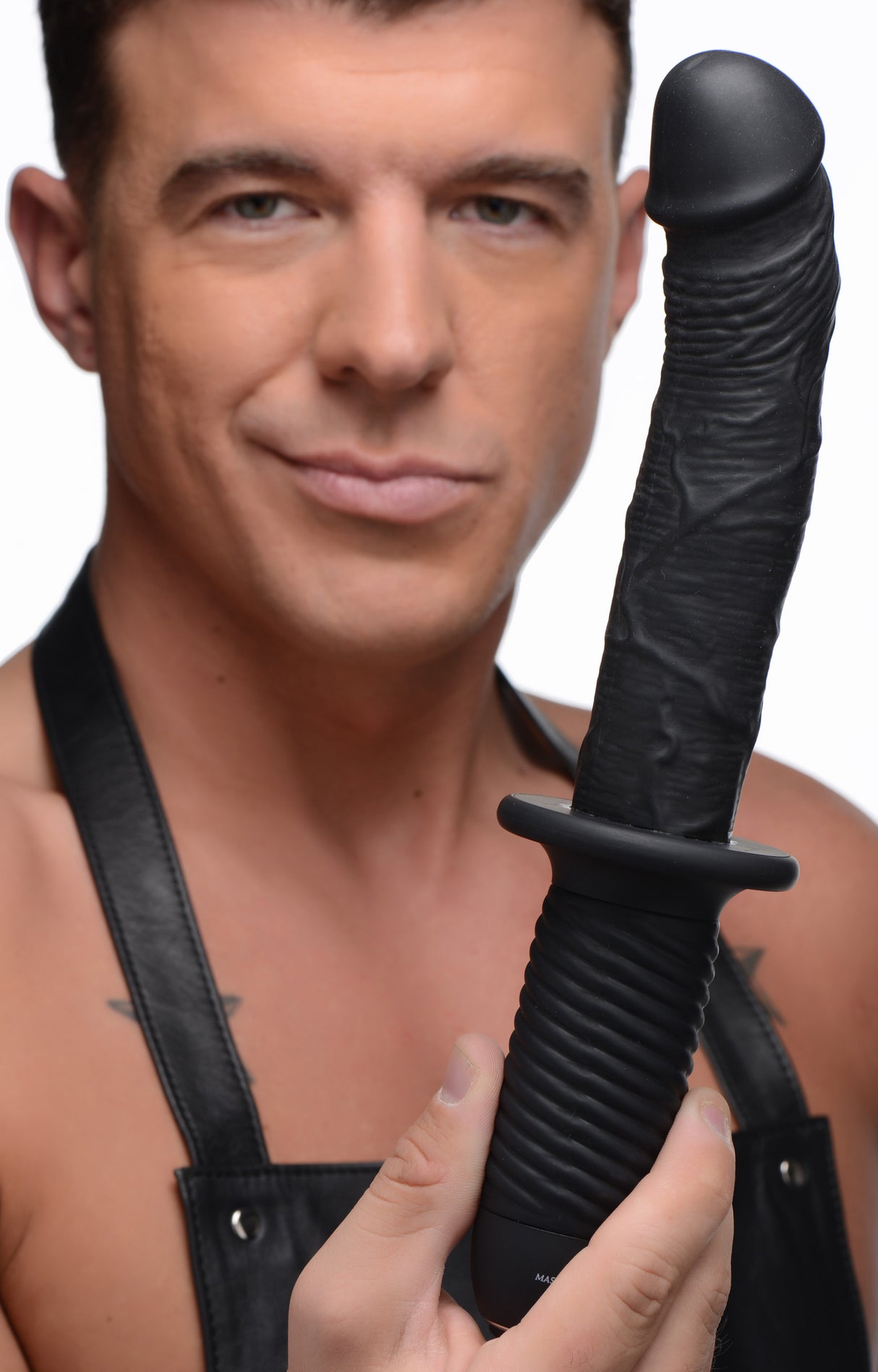 The Large Realistic 10X Silicone Vibrator with Handle showcased by a model, highlighting its lifelike design and textured grip.