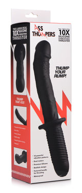 The Large Realistic 10X Silicone Vibrator with Handle packaging featuring the product description and features.