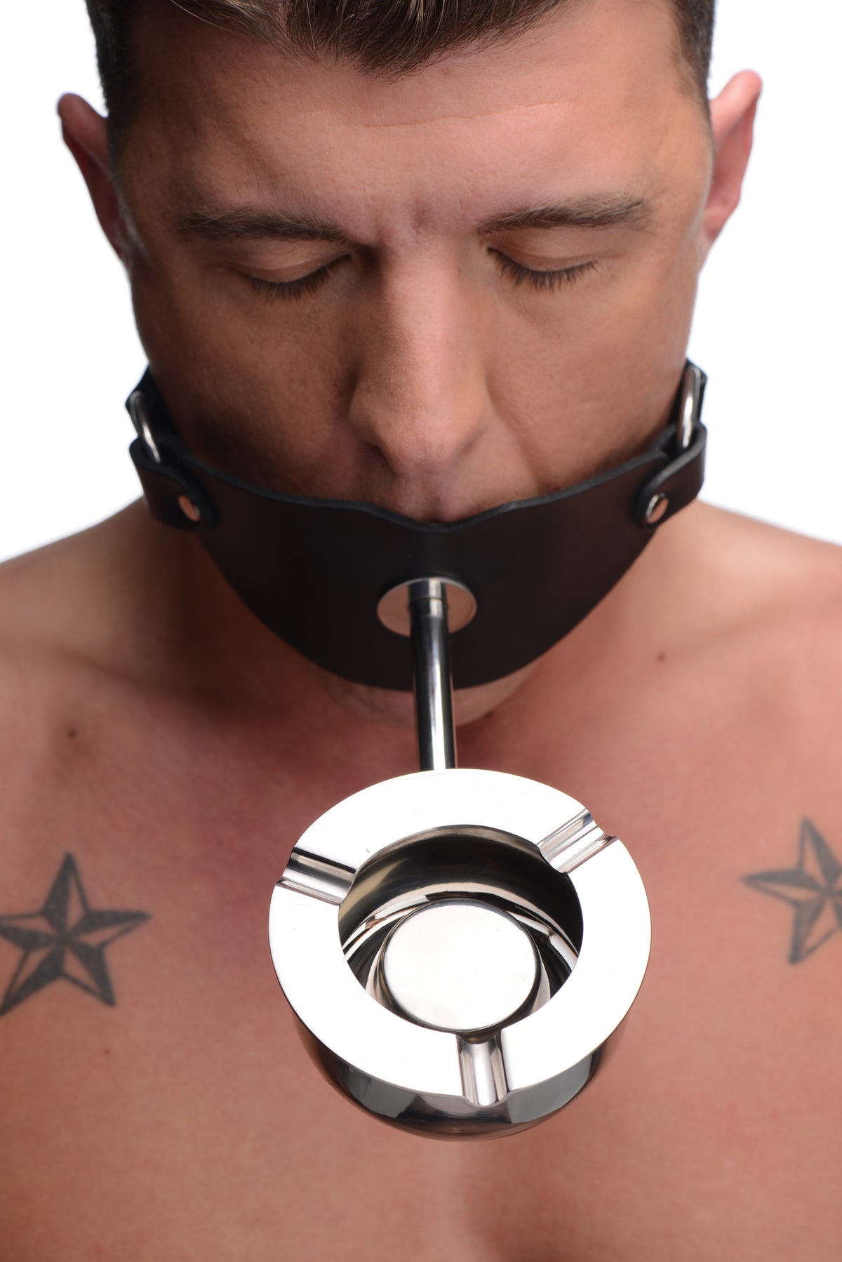 Master Series Ashtray Ball Gag Black worn by a person with a stainless steel ashtray attached.