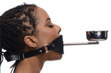 Master Series Ashtray Ball Gag Black on model, featuring silicone ball and stainless steel ashtray for fetish play.