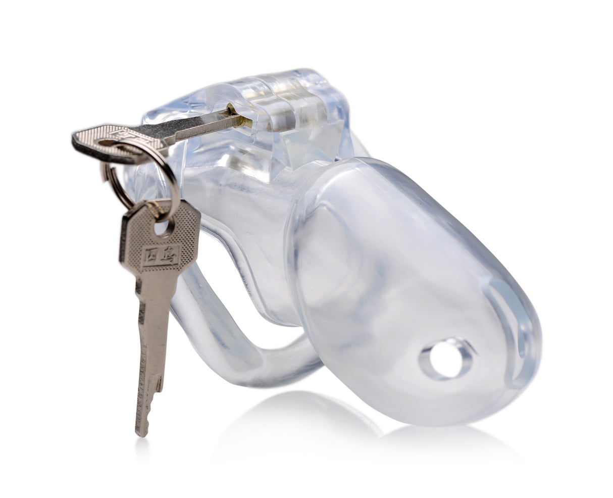Master Series Clear Captor Chastity Cage Large with key for secure locking and visibility of submissive partner.