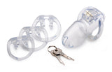 Master Series Clear Captor Chastity Cage Large with key, rings, and locking mechanism for secure submissions.