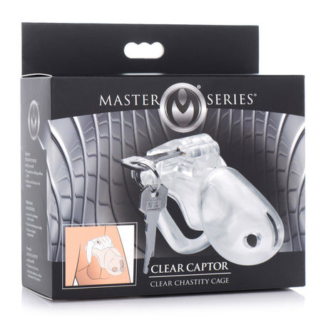 Master Series Clear Captor Chastity Cage Large with key in packaging for enhanced comfort and pleasure control.