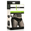 Strap U Lace Envy Black Crotchless Panty Harness 3 XL packaging with model showing design and features.