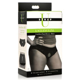 Strap U Lace Envy Black Crotchless Panty Harness 3 XL packaging with model showing design and features.