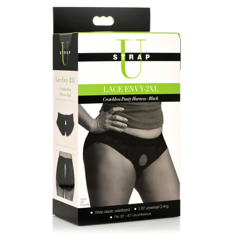 Strap U Lace Envy Black Crotchless Panty Harness 3 XL packaging with model showing design and features.