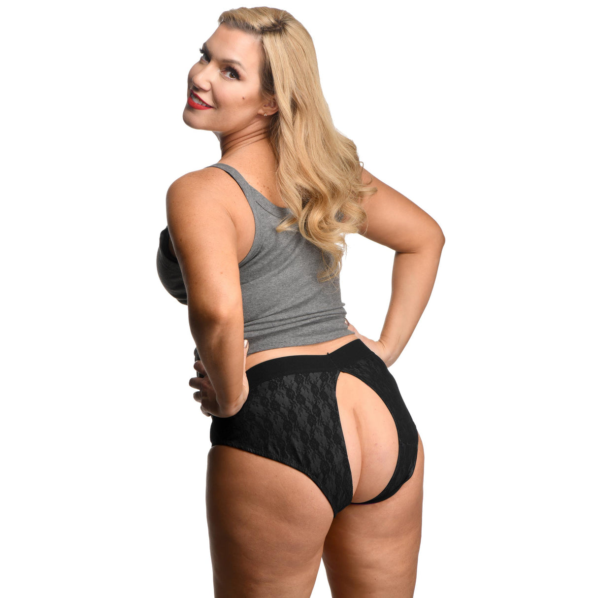 Strap U Lace Envy Black Crotchless Panty Harness 3 XL shown from the back on a model, featuring lace and a comfortable design.