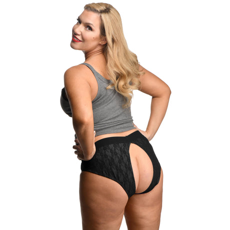 Strap U Lace Envy Black Crotchless Panty Harness 3 XL shown from the back on a model, featuring lace and a comfortable design.
