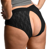 Strap U Lace Envy Black Crotchless Panty Harness 3 XL shown from the back, highlighting its open design and lace details.