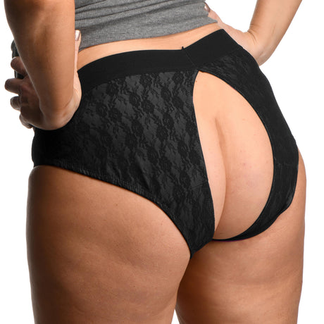 Strap U Lace Envy Black Crotchless Panty Harness 3 XL shown from the back, highlighting its open design and lace details.