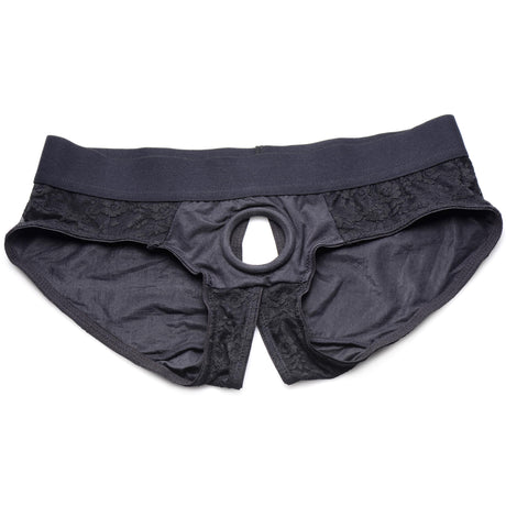 Strap U Lace Envy Black Crotchless Panty Harness 3 XL with O-ring design for simultaneous pleasure.