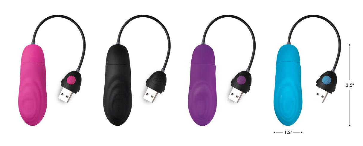 Bang 7X Pulsing Rechargeable Silicone Vibrator Purple in pink, black, purple, and blue variations with USB charging.