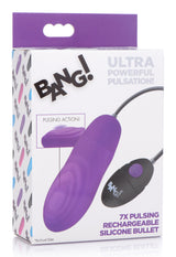 Bang 7X Pulsing Rechargeable Silicone Vibrator Purple packaging showcasing powerful pulsation features.