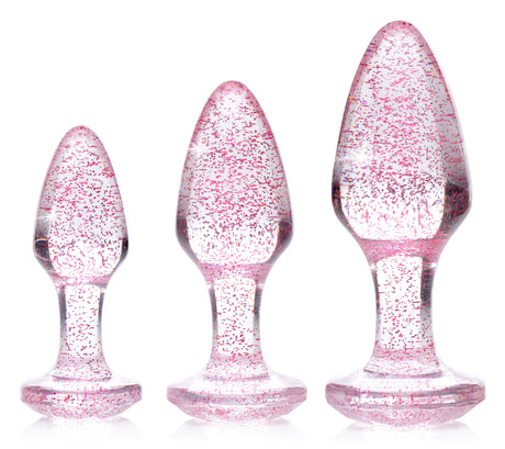 Booty Sparks Glitter Gem Anal Plug Set Pink - trio of glittery pink anal plugs in graduated sizes.