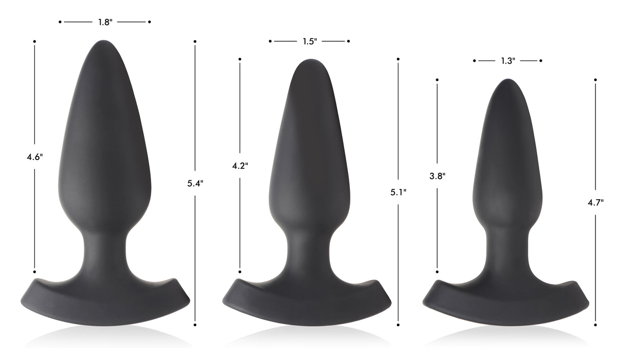 Image of three sizes of 28X Laser Heart Silicone Anal Plug with Remote Large, showcasing dimensions.