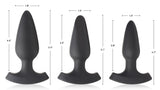Image of three sizes of 28X Laser Heart Silicone Anal Plug with Remote Large, showcasing dimensions.