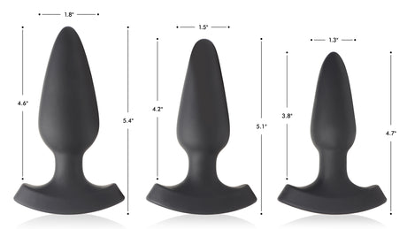 Image of three sizes of 28X Laser Heart Silicone Anal Plug with Remote Large, showcasing dimensions.