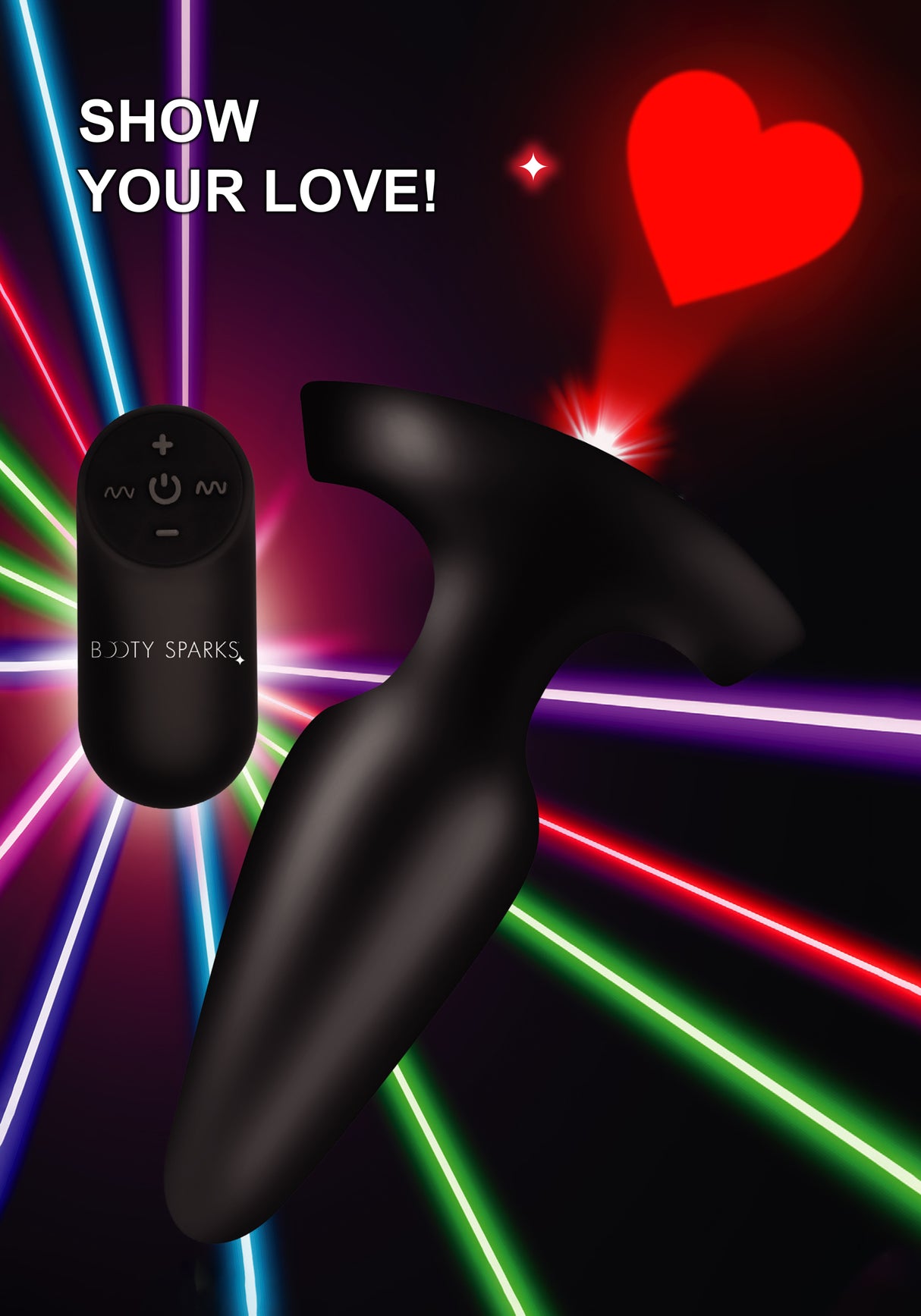 28X Laser Heart Silicone Anal Plug with Remote Large beside a remote control and colorful laser beams.