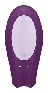 Satisfyer Double Joy Partner Vibrator in purple with control buttons for enhanced pleasure and blended orgasms.