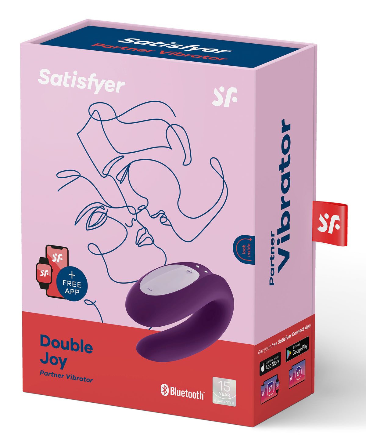 Satisfyer Double Joy Partner Vibrator packaging showcasing its horseshoe design and features.