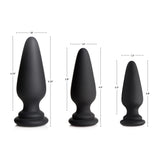 Tailz Interchangeable Silicone Anal Plug XL Black dimensions image showing various sizes of the plug.