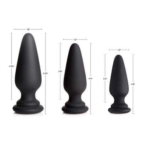 Tailz Interchangeable Silicone Anal Plug XL Black dimensions image showing various sizes of the plug.