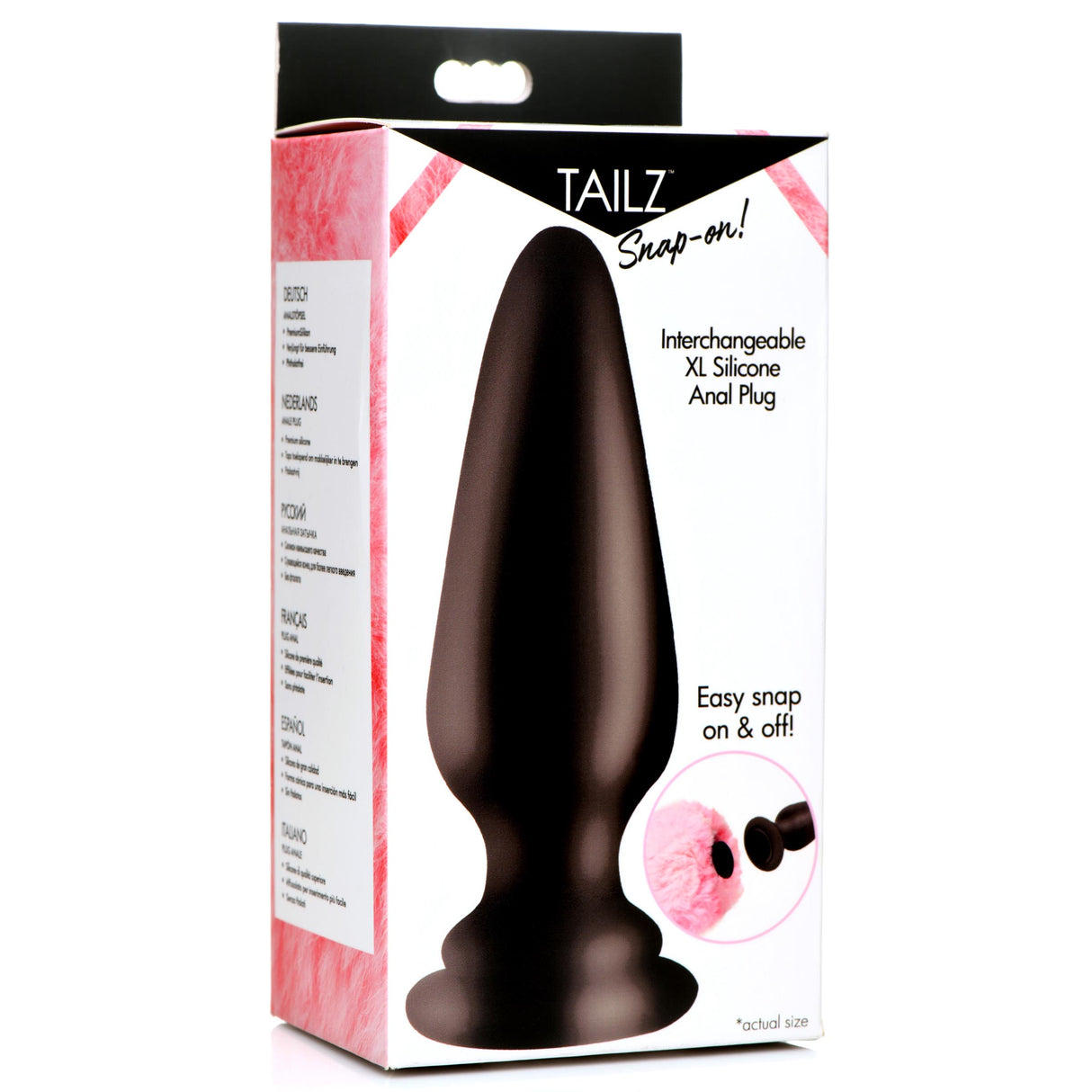 Tailz Interchangeable Silicone Anal Plug XL Black packaging displaying features and design.