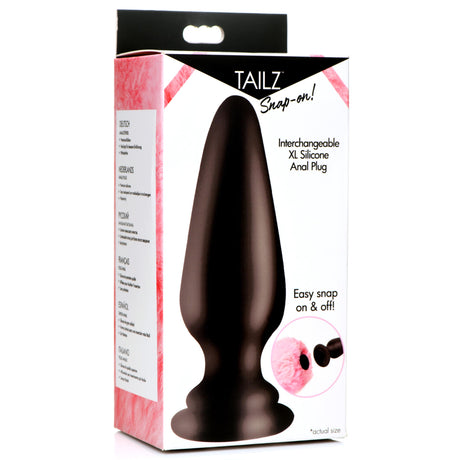 Tailz Interchangeable Silicone Anal Plug XL Black packaging displaying features and design.