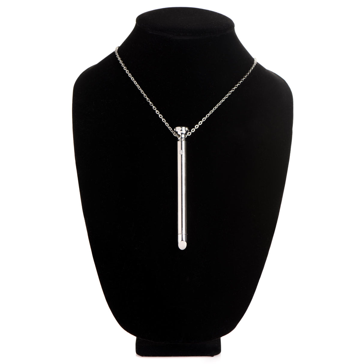 Charmed 7X Vibrating Necklace Silver displayed on a black necklace stand, showcasing its sleek design and features.