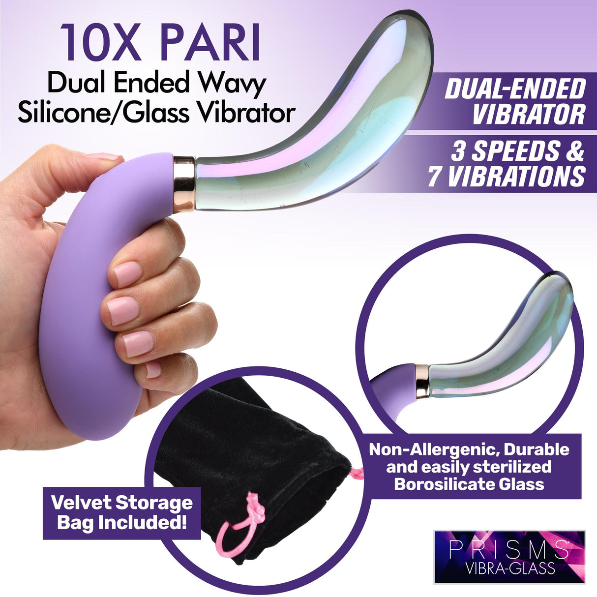 10X Pari Dual Ended Wavy Silicone & Glass Vibrator with dual ends and velvet storage bag.