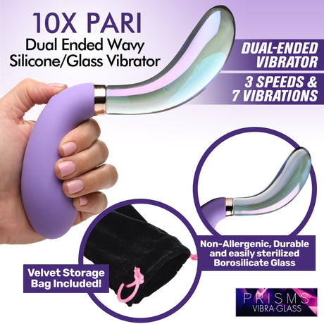 10X Pari Dual Ended Wavy Silicone & Glass Vibrator with dual ends and velvet storage bag.