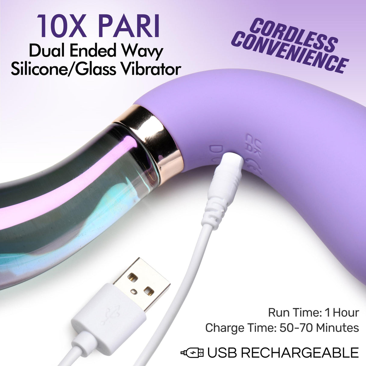 10X Pari Dual Ended Wavy Silicone & Glass Vibrator with USB recharge capability and cordless convenience.