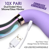 10X Pari Dual Ended Wavy Silicone & Glass Vibrator with USB recharge capability and cordless convenience.