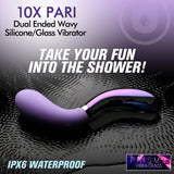 10X Pari Dual Ended Wavy Silicone & Glass Vibrator showcasing dual materials and waterproof design.