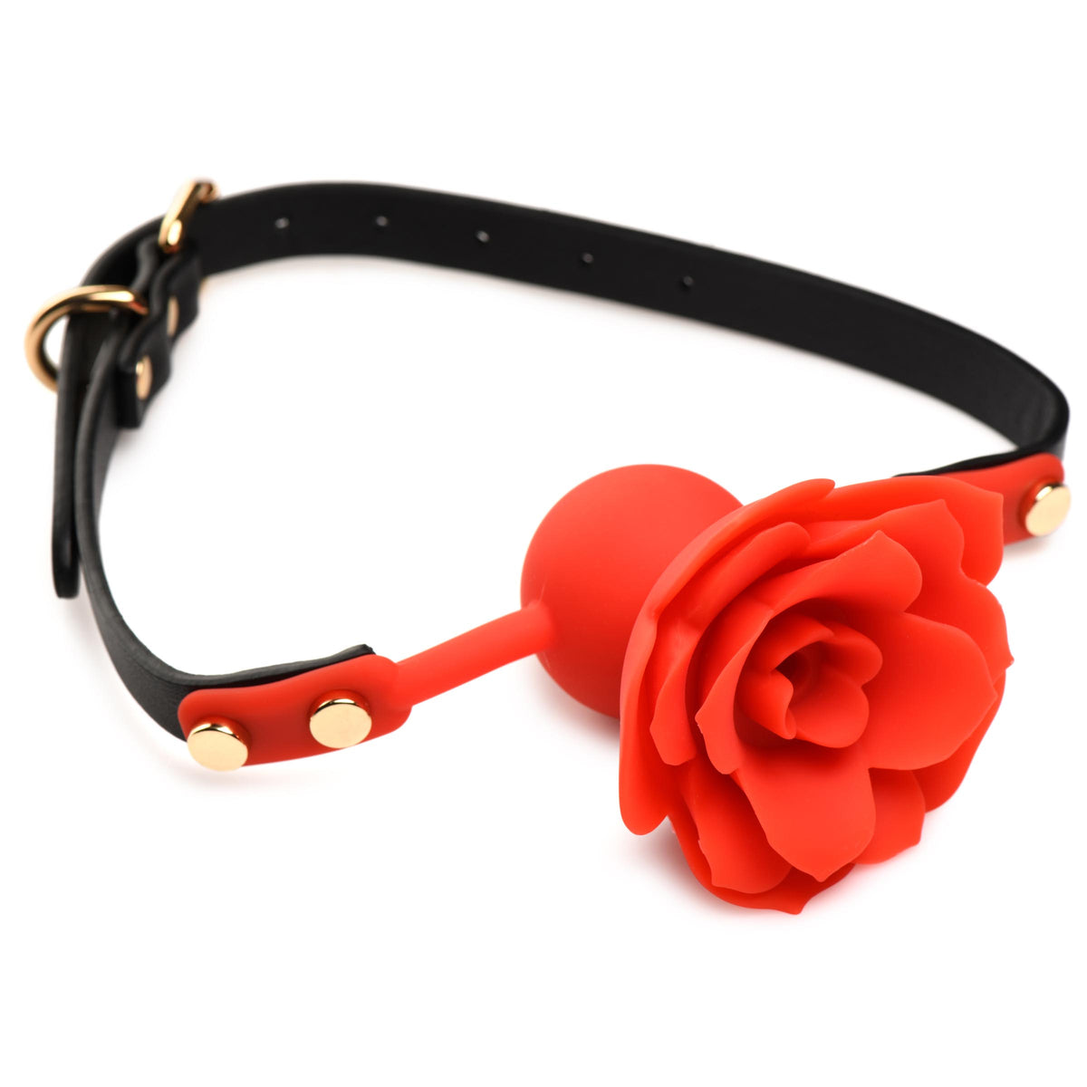 Blossom Silicone Breathable Rose Gag with red silicone rose design and black strap for adult play.