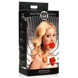 Blossom Silicone Breathable Rose Gag in packaging with a model, showcasing a romantic and playful design.