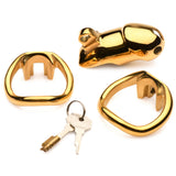 Master Series Midas 18K Gold-Plated Locking Chastity Cage with keys and components.
