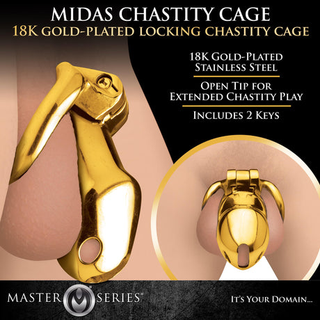 Master Series Midas 18K Gold-Plated Locking Chastity Cage showcasing its gold finish and locking mechanism.