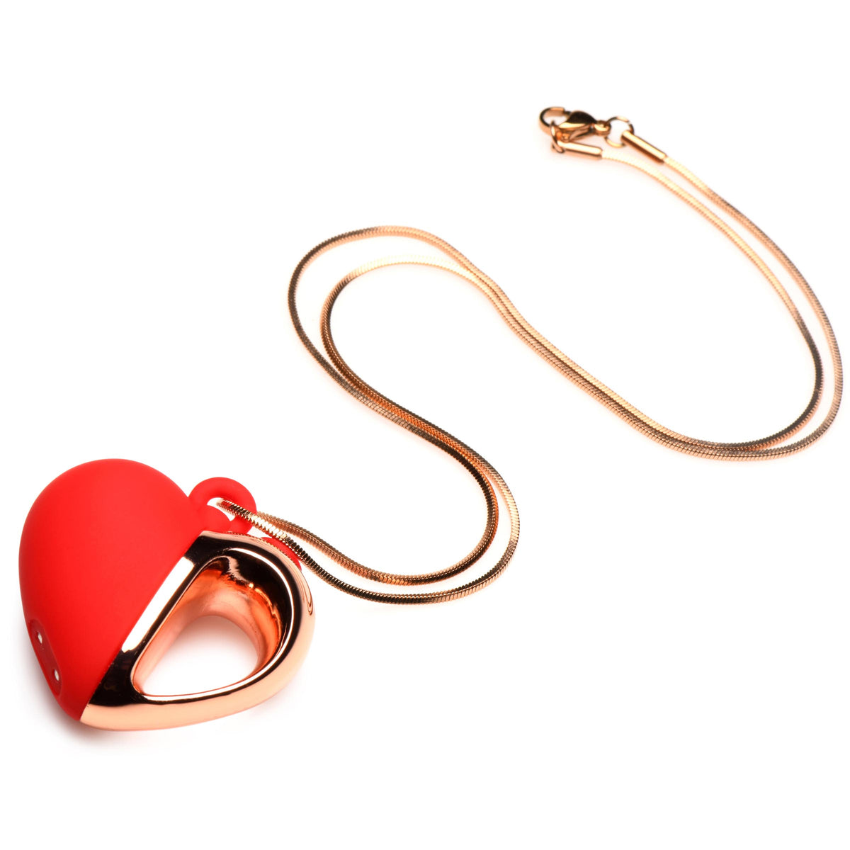10X Vibrating Silicone Heart Necklace featuring a red silicone heart pendant with a rose gold chain.
